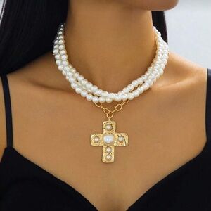 Pearl Necklace with Cross Pendant Necklace